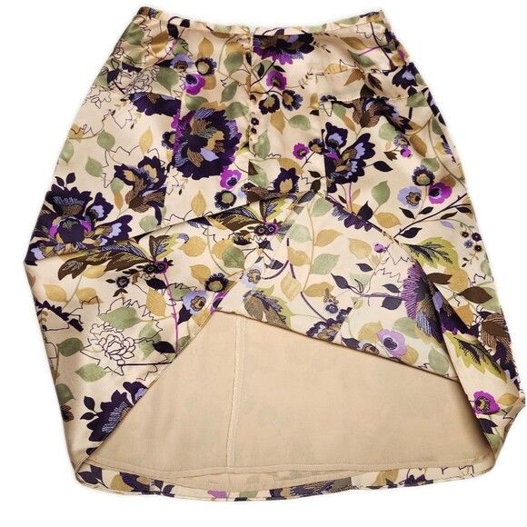 i.e. beautiful gold purple green floral 100% silk vintage midi skirt, size 6 - Picture 3 of 7